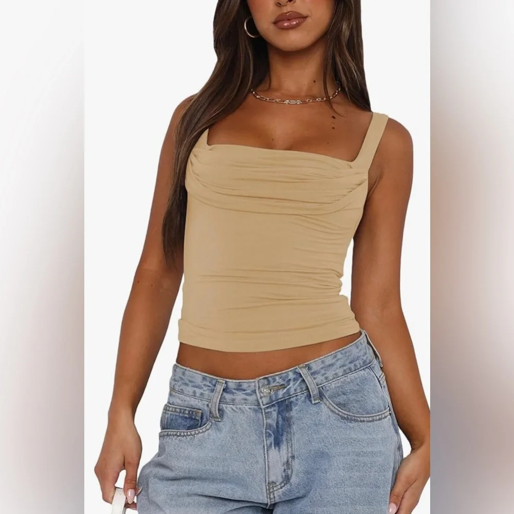 NWT Sleeveless Square Neck Strappy Tank Top Ruched Backless Crop Camisole Top